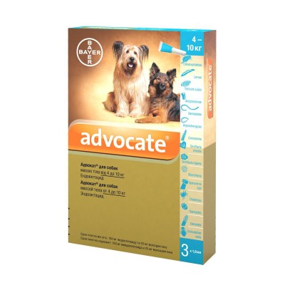 Капли на холку для собак Bayer «Advocate» (Адвокат) от 4 до 10 кг, 3 пипетки (от внешних и внутренних паразитов)