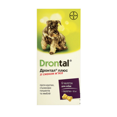 Для собак Bayer «Drontal Plus» (Дронтал Плюс) на 10 кг, 1 таблетка (для лечения и профилактики гельминтозов)